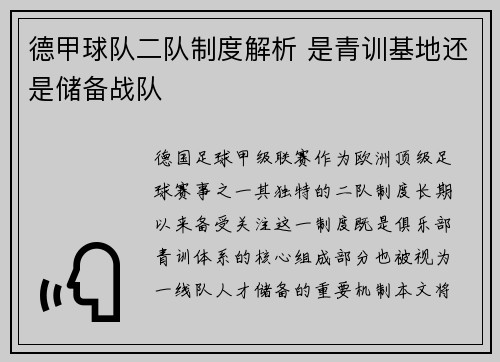 德甲球队二队制度解析 是青训基地还是储备战队