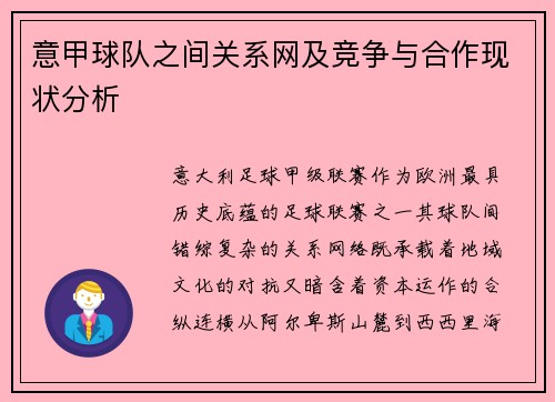 意甲球队之间关系网及竞争与合作现状分析