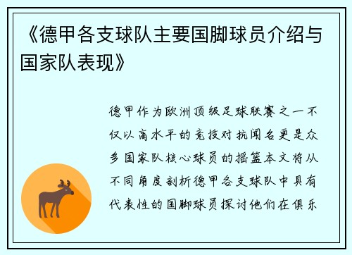 《德甲各支球队主要国脚球员介绍与国家队表现》